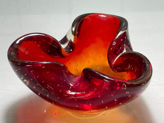 Vintage Murano Style Amber/Red Multiple Bubbles Tri-Corner Art Glass Ashtray