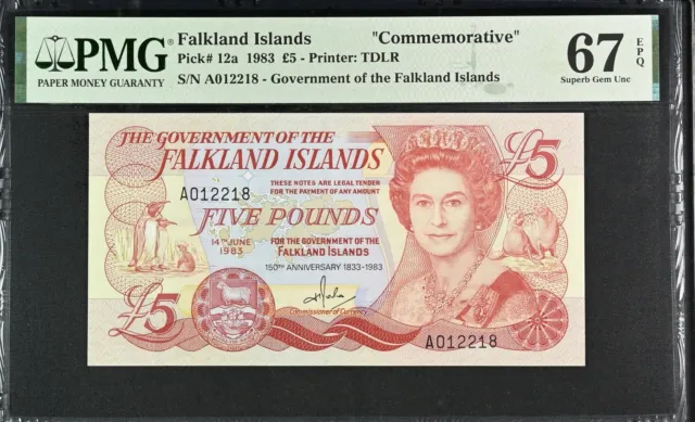 Falkland Islands 5 Pounds 1983 Comm. P 12 a Superb Gem UNC PMG 67 EPQ
