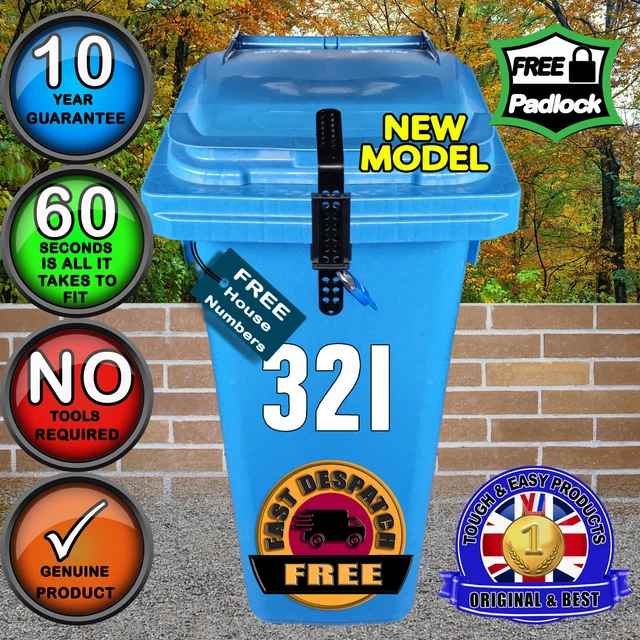 WHEELIE BIN LID Lock STRONGUARD, Free Numbers, NO DRILLINGQUICK FIT