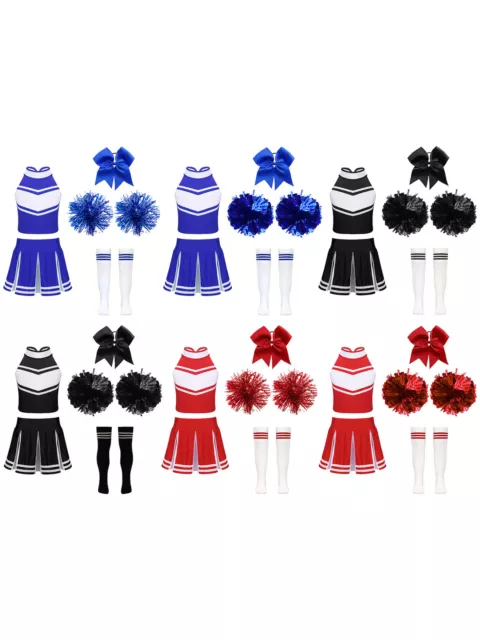 Kids Girls Cheerleading Costume Pleated Skirt Cheerleader Outfit Zippered Tops