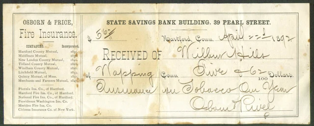 Osborn & Price Tobacco Insurance Wapping CT 1892