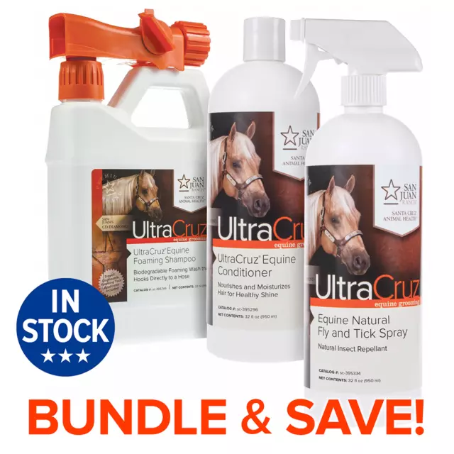 UltraCruz Foaming Horse Shampoo, Conditioner and Fly & Tick Spray Bundle 32oz ea