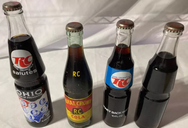 Vintage Full 10 Oz. Royal Crown Cola Soda Bottle And 3 Other Bottles See Photos