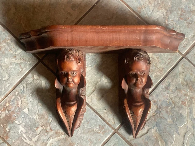 old Hand Carved Wooden Wall Decor Shelf  Cherubs Angels face
