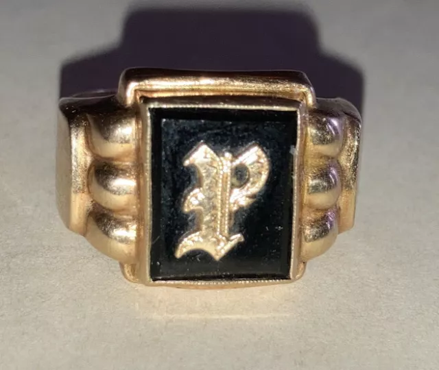 Antique Art Deco  10k Yellow Gold Black Onyx  Mens  Ring Size 10 Letter P