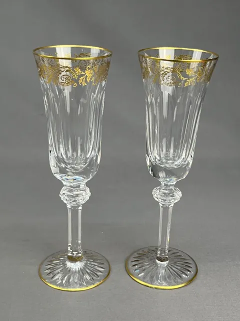 2 Christofle Crystal Marly Gold Inlay Champagne Flutes Stemware Signed; Mint 2