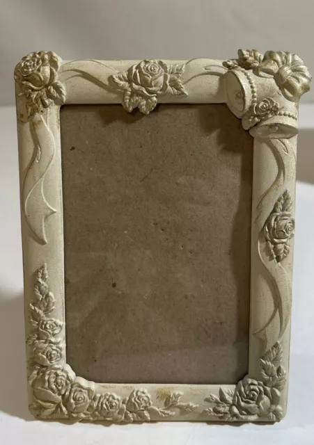 Lovely Ivory-colored Metal Photo Frame w Wedding Bells & Roses. EUC