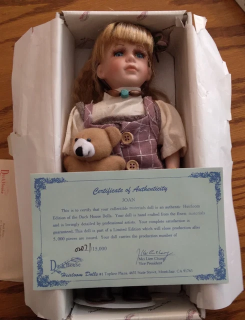 Vintage Duck House Heirloom Dolls Joan Porcelain Original Box Tags COA Stand