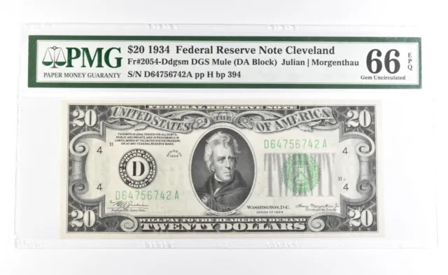 PMG 66 Gem Unc EPQ 1934 $20 Cleveland, OH US FRN Green Seal Fr#2054-Ddgsm *0953