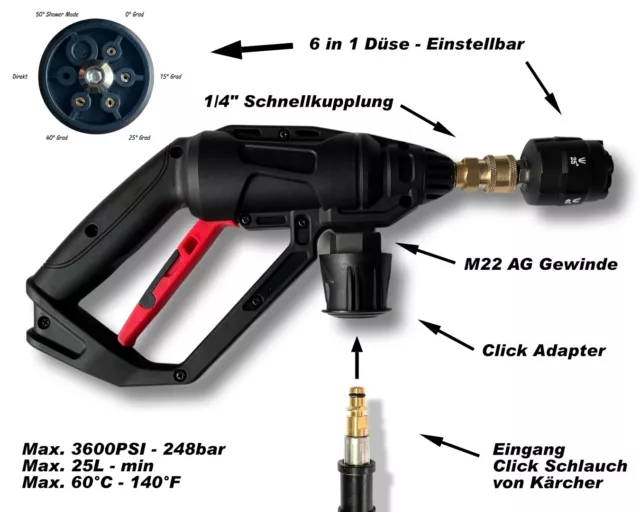 Hochdruckpistole für Kärcher u.a. & 6 in 1 Düse Schnellkupplung Click Adapter