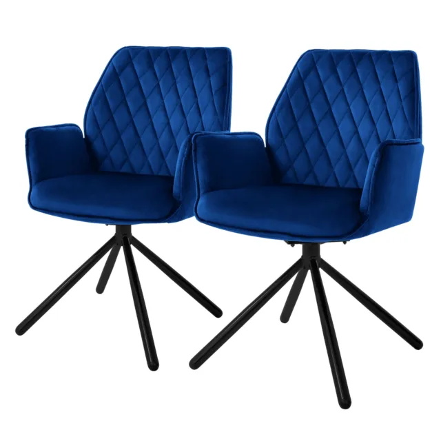 2x Chaise de salon bleu foncé en velours accoudoirs dossier fauteuil rembourrée