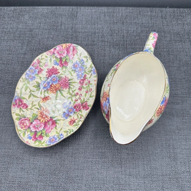 Vtg Royal Winton Grimwades Mayfair Chintz Gravy Sauce Boat & Underplate Floral 3