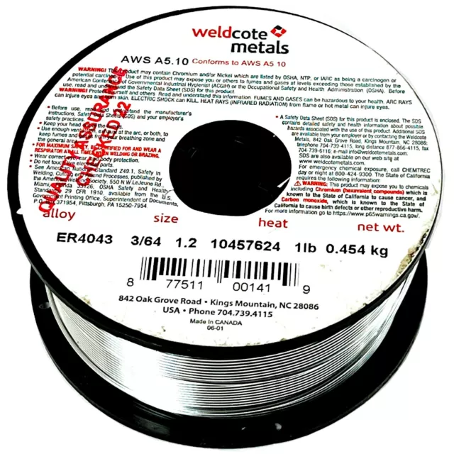 ER4043 3/64'' X 1 lb, 1.2 Weldcote Aluminum 4043 . Spool MIG Welding Wire, 87751 2