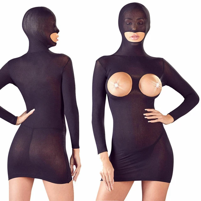 Mini Abito Bodystocking Velato Opaco Nero Aperto al Seno con Maschera per Testa