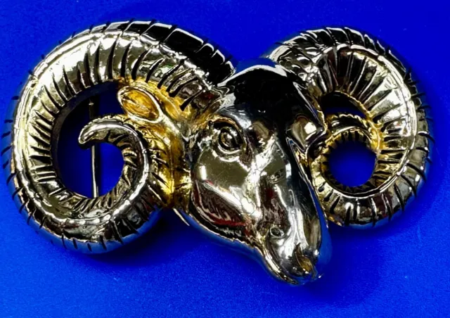 HUGE Bighorn Ram Head Cutout Figural HUGE Gold Tone Vintage Belt Buckle