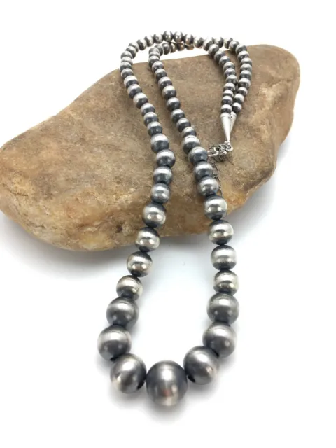 Navajo Pearls Graduated Sterling Silver Bead Necklace 26”