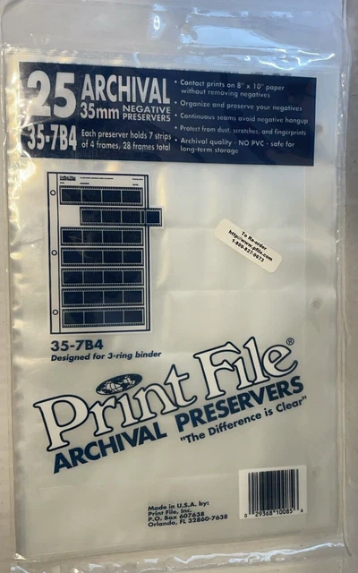 Print File Archival 35mm Negative Preservers 35-7B4  Binder USA  25 Sheets