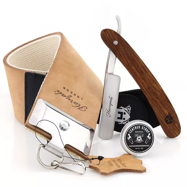 Haryali London Kit de Afeitado Cuchilla Madera Cuero Asentador Set para Hombre