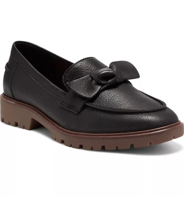 Lucky Brand TAMIO Black Leather Moccasin Flat Knot Bow Detail Lug Sole Loafers