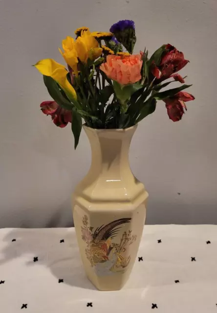 VINTAGE Japanese Peacock Vase Porcelain RARE Hexagon Shape Hand Painted Floral