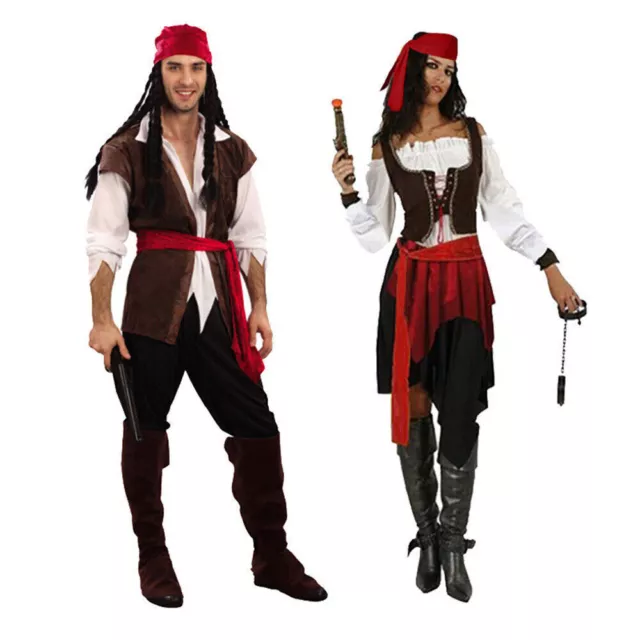 Caribbean Pirate Ladies Fancy Dress Captain Buccaneer Womens Men Costume Outfit