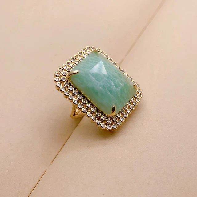 Natural Amazonite Rectangle Cz Pave Ring Gold Plated Adjustable Ring