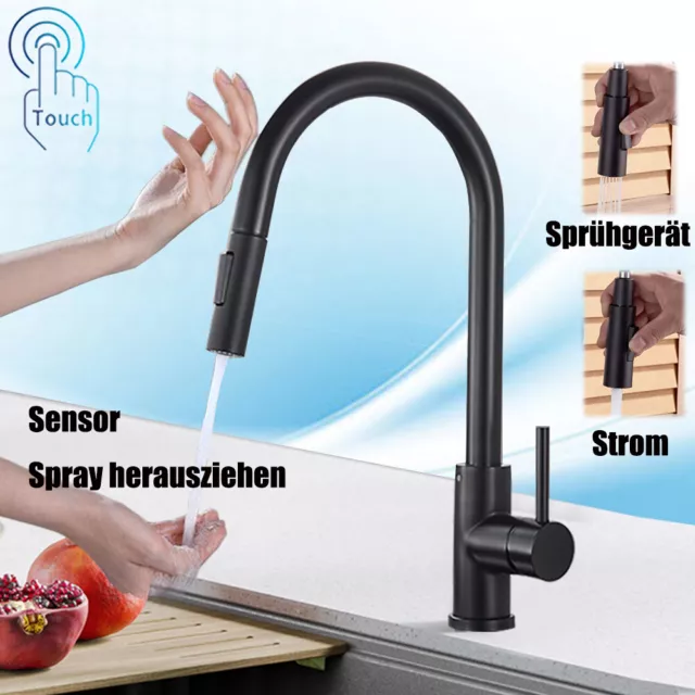 Matt Black Touch Smart Sensor Kitchen Sink Faucet Pull Out Sprayer Mixer Tap UK