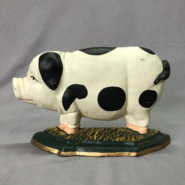 Vintage Cast Iron White & Black Decorative 8” Long  Pig Door Stop