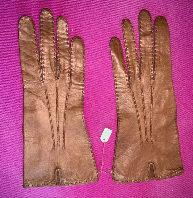 Paire de gants vintage en cuir marron marque Perrin taille  7 1/4