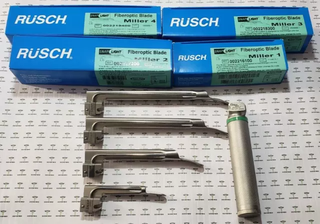 Rusch Fiberoptic Blade Laryngoscope Miller #1,2,3,4 Set with Medium Handle