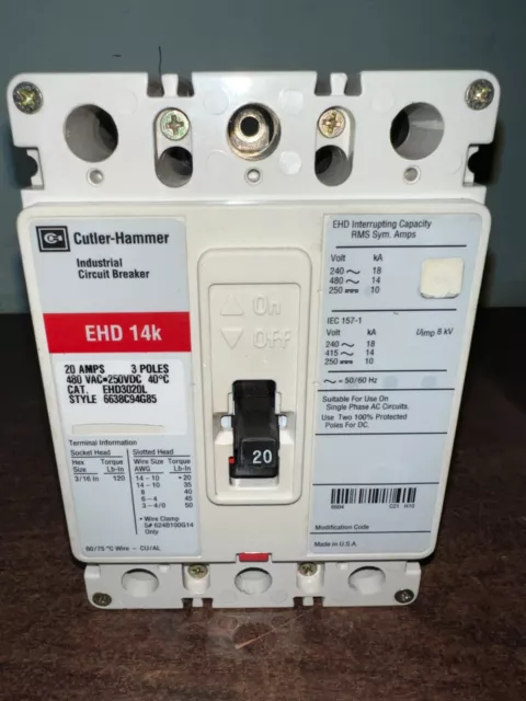 Used Ehd3020L Cutler Hammer 3 Pole 20 Amp Breaker S8