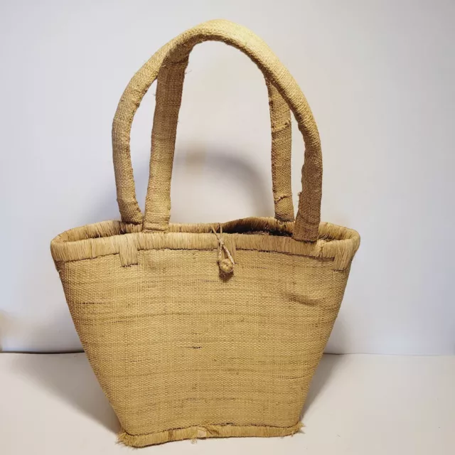 VTG Boho Beige Woven Straw Double Handle Tote Market Bag Chic Beach Bag 13" Long