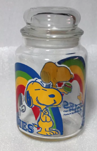 Vintage Peanuts Snoopy Clear Glass Goodies Candy Jar w Lid 5" Rainbow Woodstock