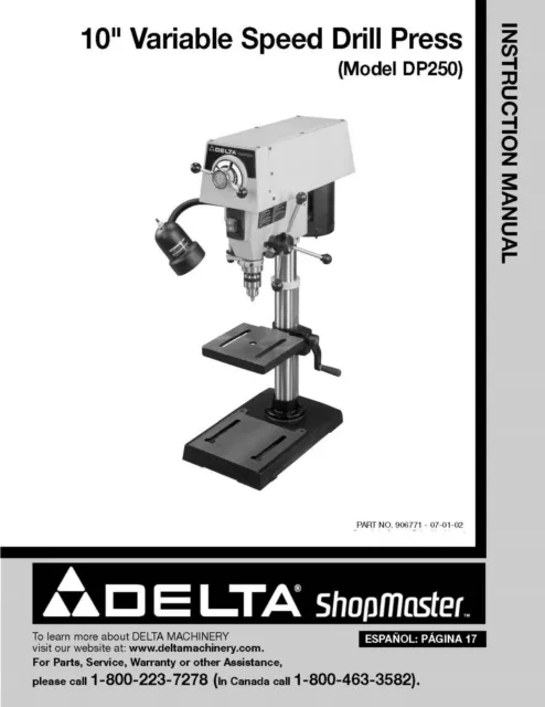 Manual de instrucciones de prensa de taladro de 10" pulgadas se adapta a Delta velocidad variable DP250