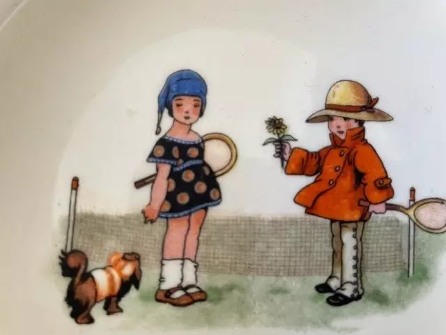 Antique Child's Baby Dish Bowl Tennis Dog Bold Colors Polka Dot Dress Girl 5.5"