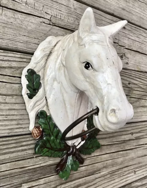 Cast Iron White Horse Head Heavy Country Hitching Ring Towel Holder, 12” x 8”