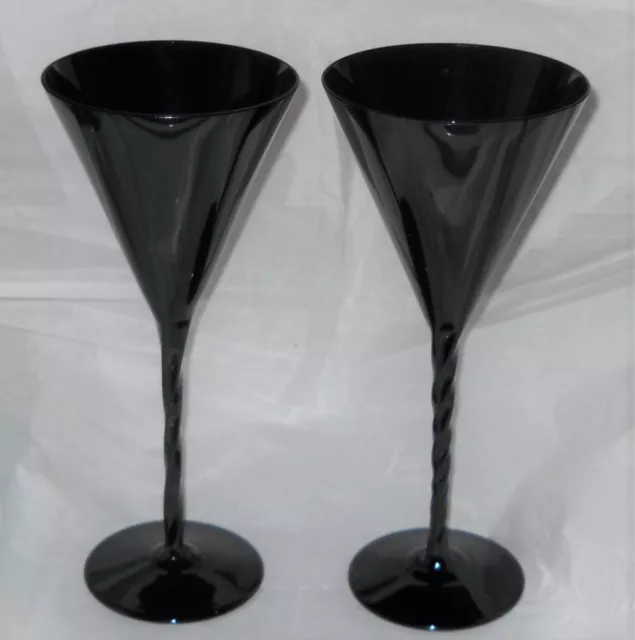 2 Vintage Mikasa Elegance Black Braided Stem Martini / Cocktail Glasses 9 3/8"