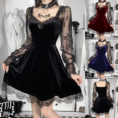 UK Womens Long Sleeve Gothic Velvet Floral Lace MINI Dress Lolita Party Clubwear