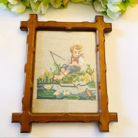 Vintage crewel embroidered cross stitch boy fishing w wood frame brown Needlepo