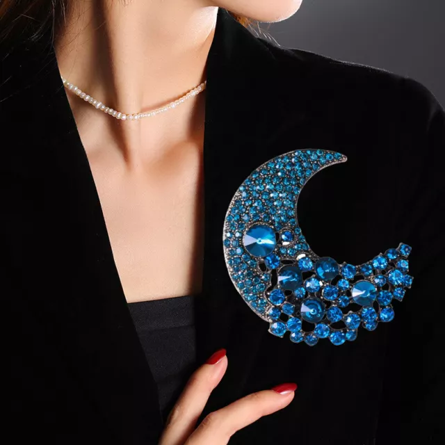 BIG BLUE MOON BROOCH Crystal Rhinestone Goldtone Teal Crescent Celestial Pin