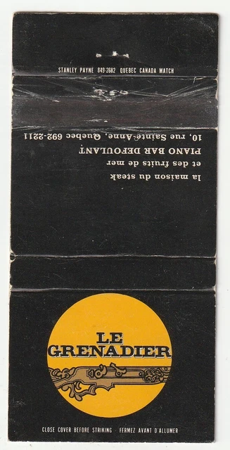 Matchbook Cover - Le Grenadier - Sainte Anne Quebec Canada - Restaurant - Disco