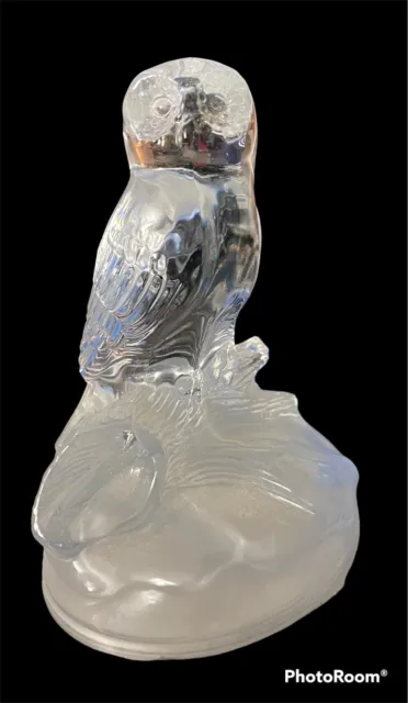 Vintage Crystal ? 6” Owl Figurine Paperweight Heavy Clear Frosted Glass on Log