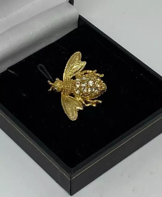 Cute Goldtone Bee Brooch Clear Rhinestone Back Insect Wings Quirky Lapel Pin