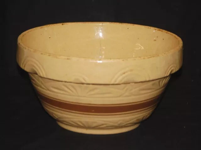 Old Antique Primitive Stoneware Crock Mixing Bowl Kitchen Tool Beige Brown Rings