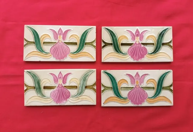 4 Piece Lot Old Art Flower Design Embossed Majolica Ceramic Tiles Belgium 0171 3