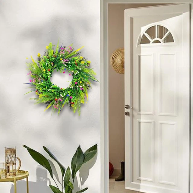 Couronne De Porte Printanière 40cm - Lavande Artificielle, Marguerites, Lapins - Décoration D'Entrée Avec Panneau Bienvenue