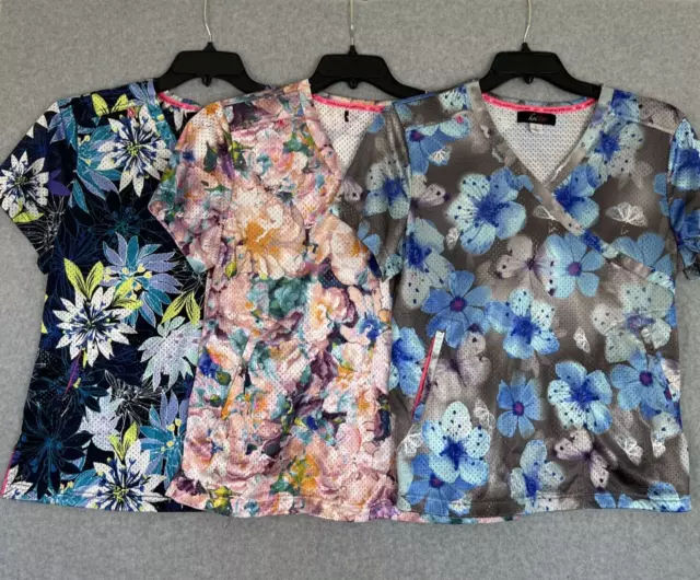 Lot of 3 Koi Lite Womens Scrub Tops Size Large Perforated Floral Nurse