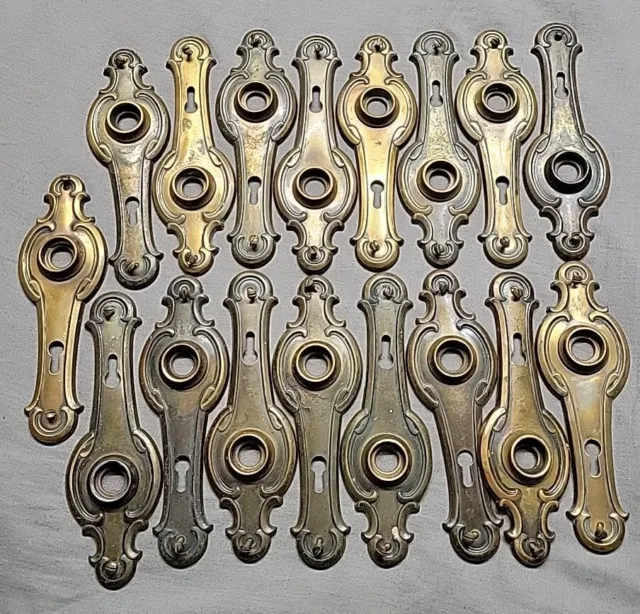 Antique Door Knob Back Plate Victorian Deco Brass Patina 5.5"x2" lot of 17