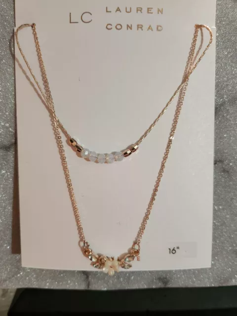 Lauren Conrad Rose Gold Tone 2 Row Pearlized Flower Pendant Necklace 16" New