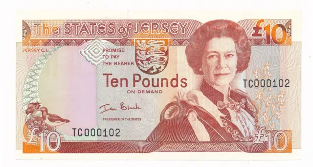 Jersey 10 Pounds Sign. Ian Black ND (2000) P. 28 Unc QEII Note Low Serial #